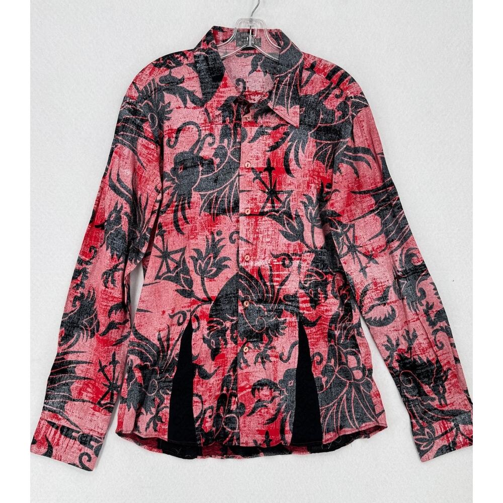Custo Barcelona Mens Red Abstract Floral Cotton Long Sleeve Shirt Sz US L
